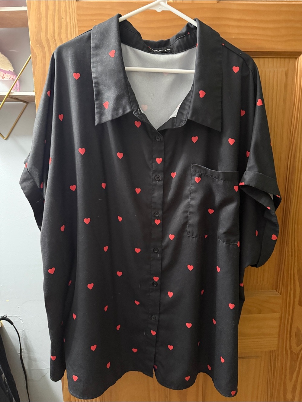 SHEIN Button-Up Shirt with Red Heart Print